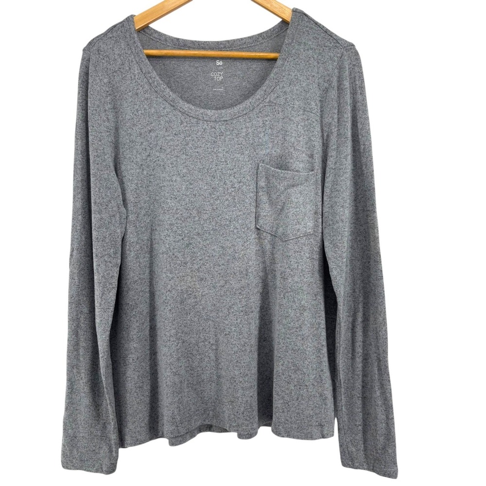 SO Cozy Top Women's Gray Heathered Long Sleeve T-Shirt Pocket Top Size Large‎